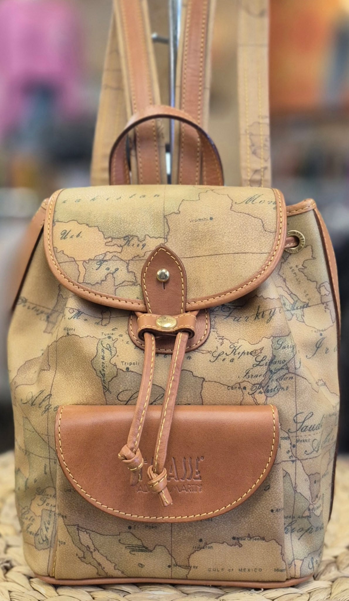 Pre-owned ALVIERO MARTINI Tan print Brown Trim Backpack Designer Purse