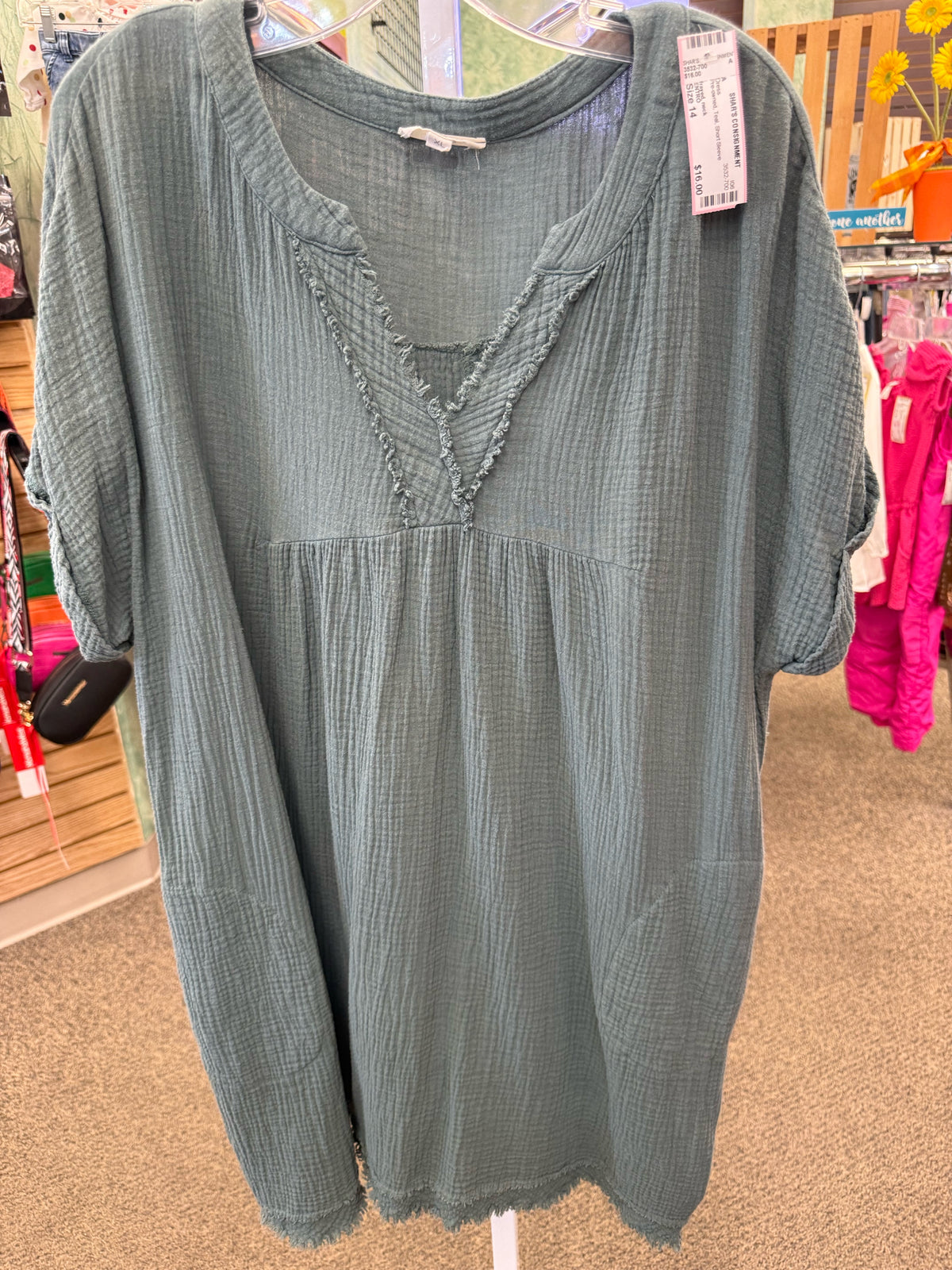 Pre-owned ENTRO Teal Size 14 Short Sleeve Dress