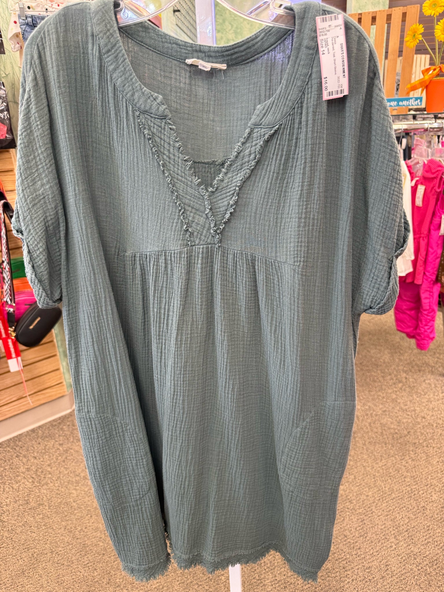 Pre-owned ENTRO Teal Size 14 Short Sleeve Dress
