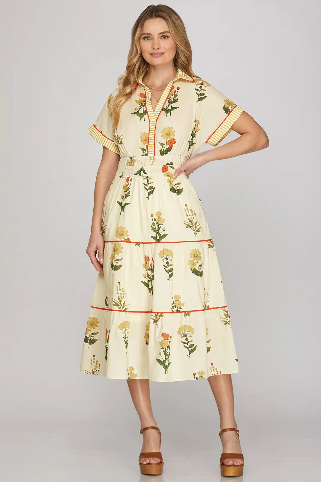 New  SHE+SKY Cream floral Yellow Stripe Trim Size Small Short Sleeve Dress