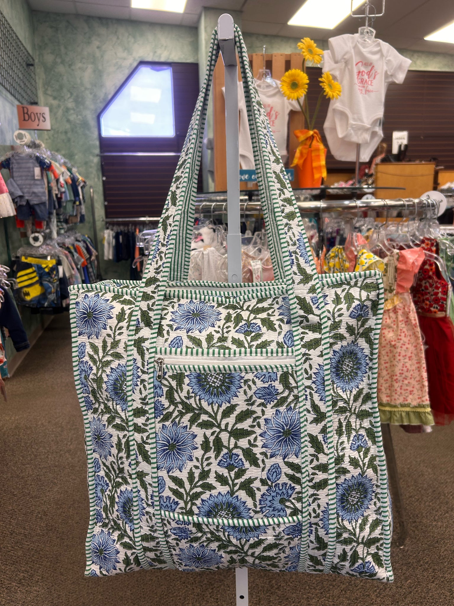 New Made in India Blue floral Green L Tote Purse