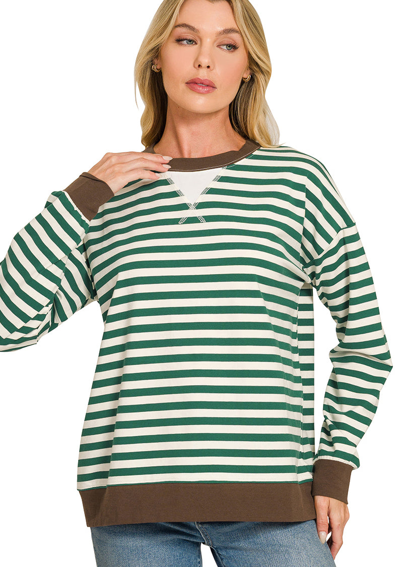 New Zenana Green stripe Brown Trim Size S Long Sleeve Sweatshirt