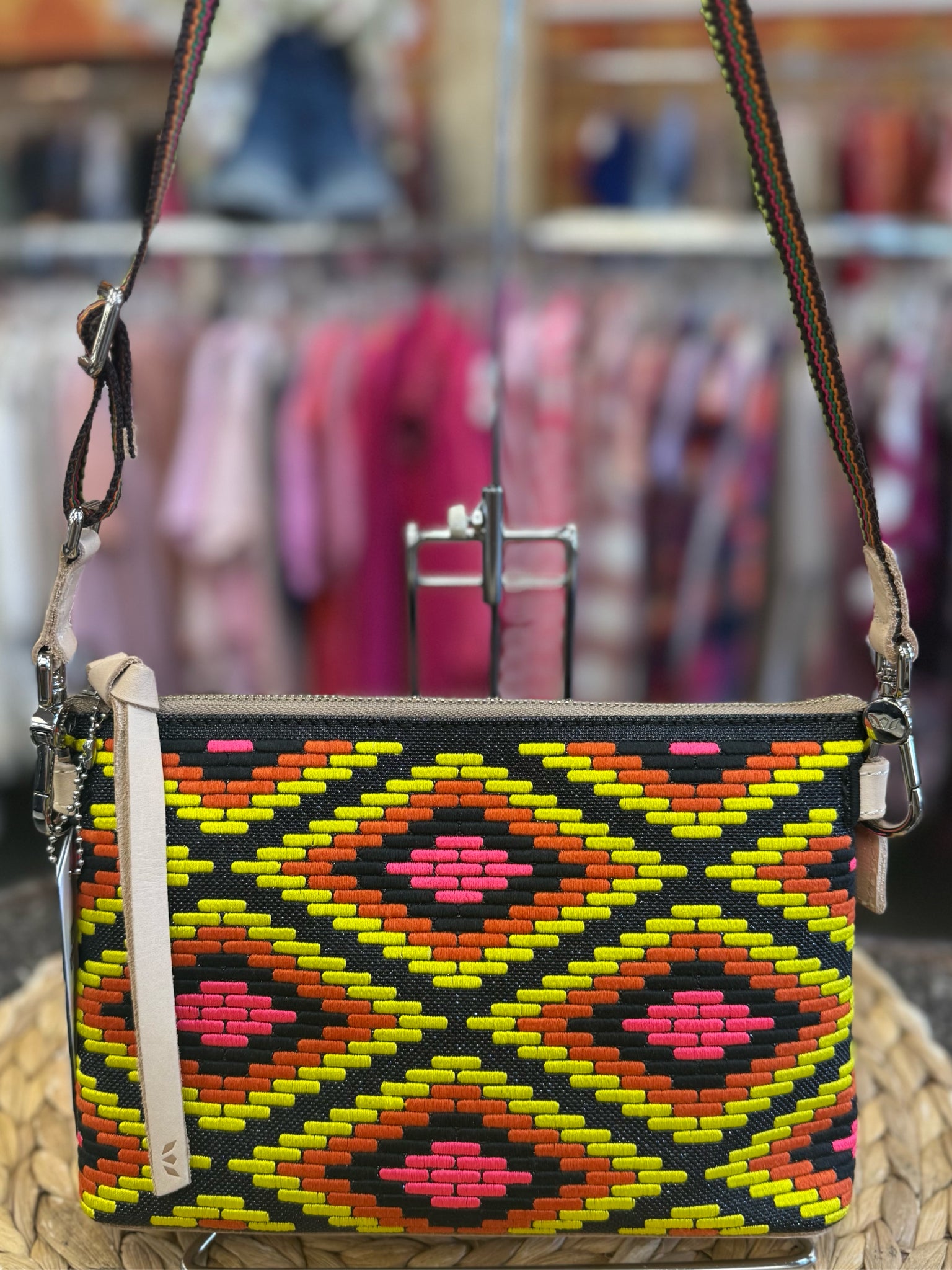 New with Tag CONSUELA Black Orange Print Crossbody Designer Purse