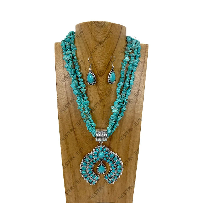 New WESTERN Turquoise Silver Trim Necklace/Earring Set