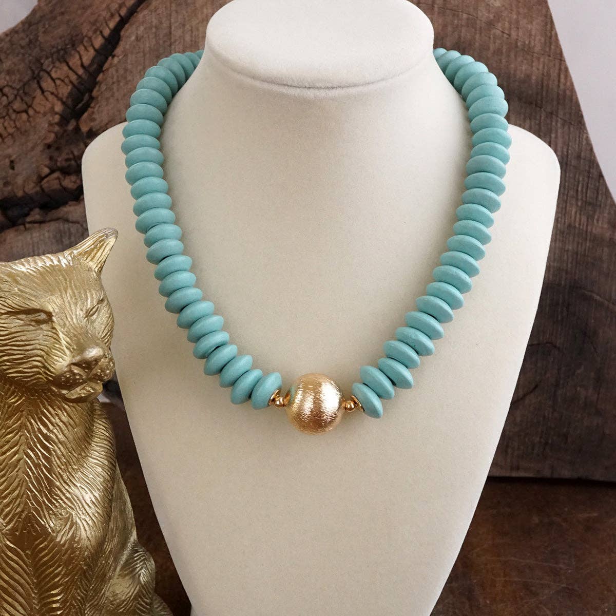 Wood Saucer Beads Short Statement Necklace Gold center Hot Pink Beige Turquoise: Black