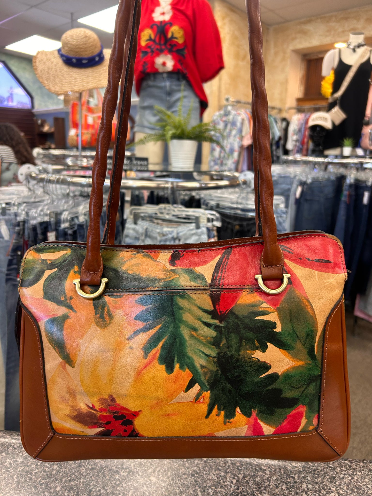 Pre-owned PATRICIA NASH Multi Floral Brown Trim Shoulder Designer Purse