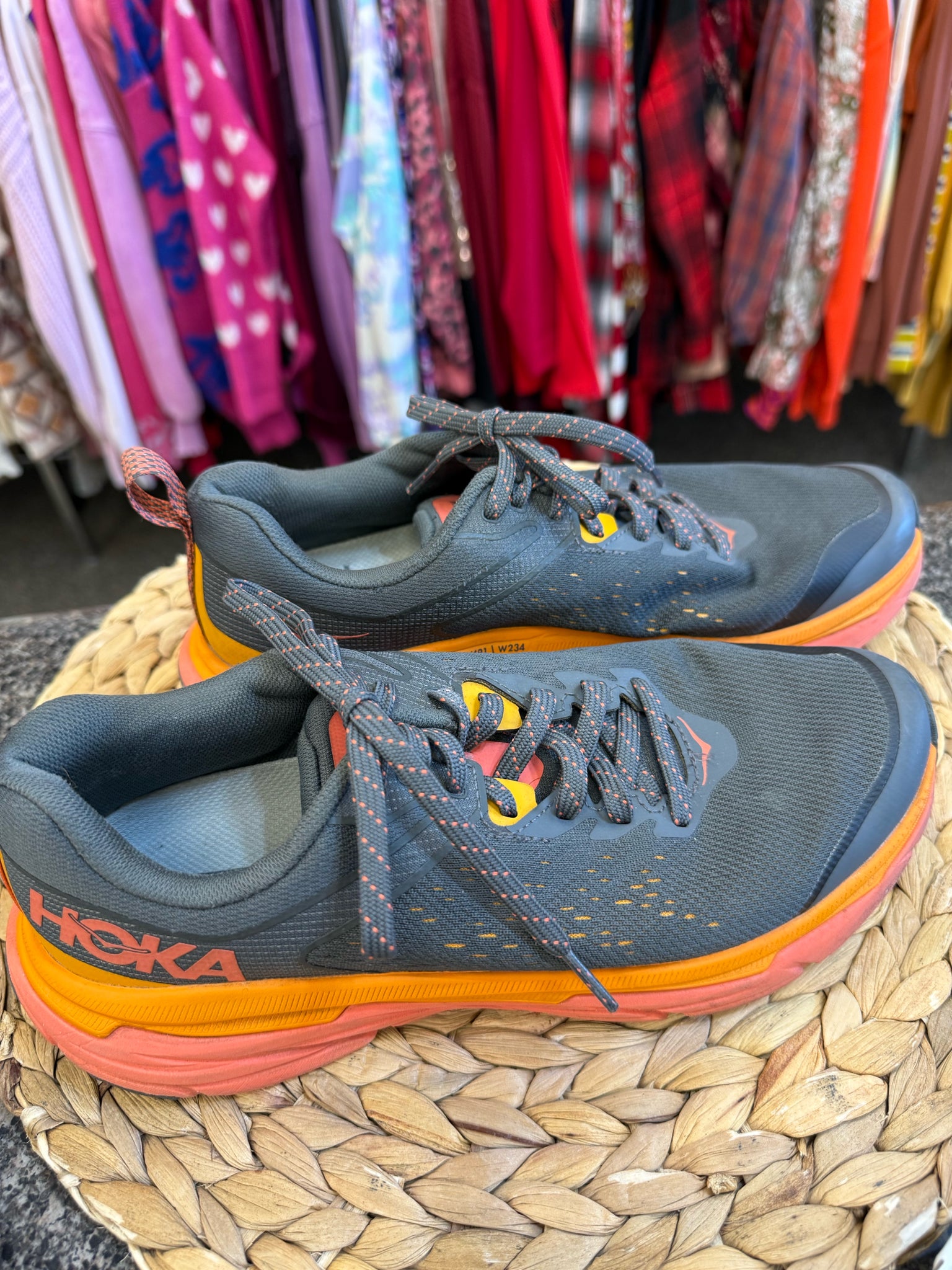 Pre-owned HOKA Gray Orange Size 7.5 Designer Sneaker