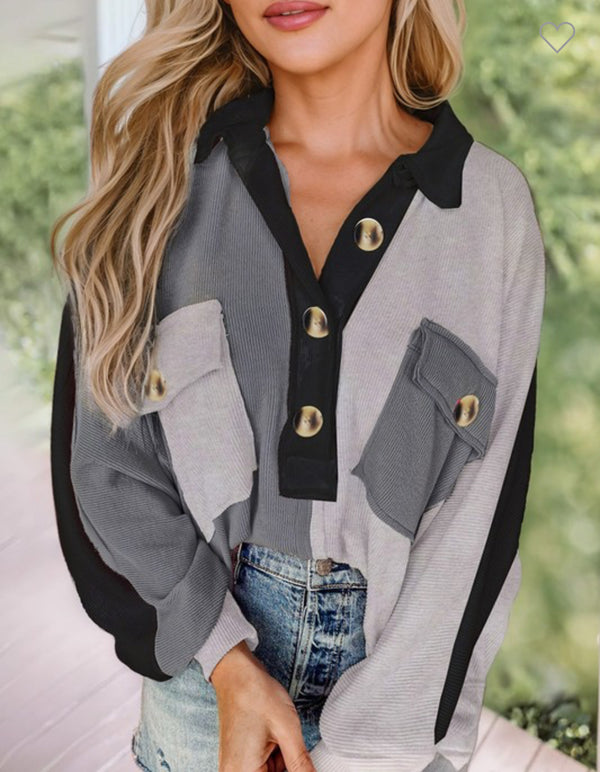 New Jupiter Gray Black Size S Long Sleeve Blouse