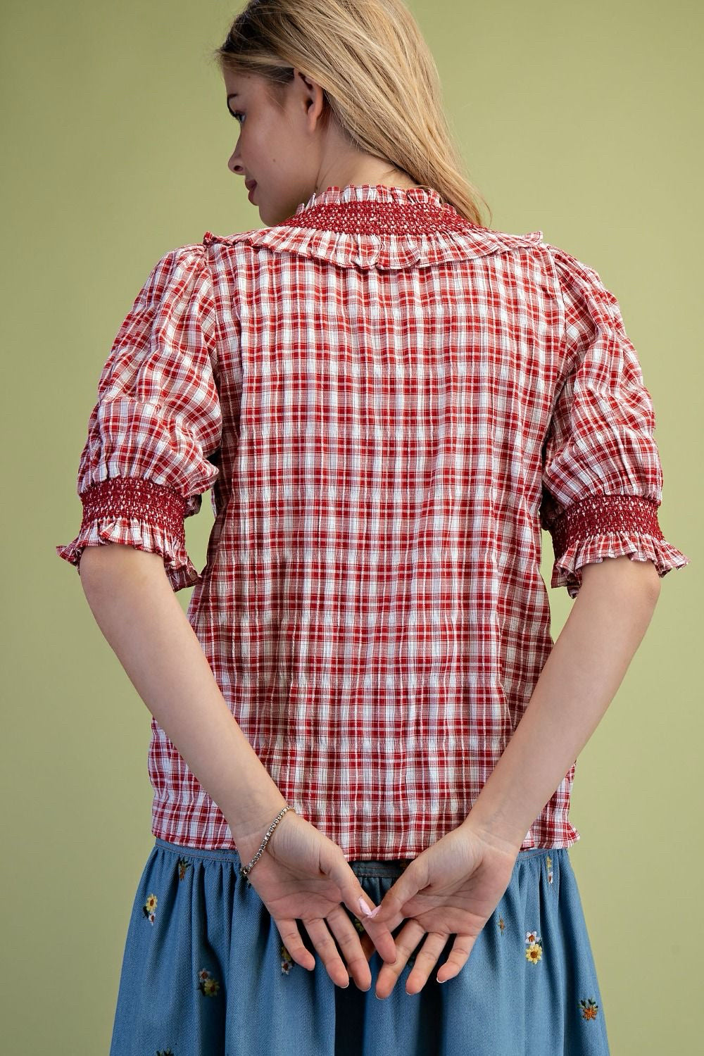 New EASEL Red plaid White Size: S Short Sleeve Blouse