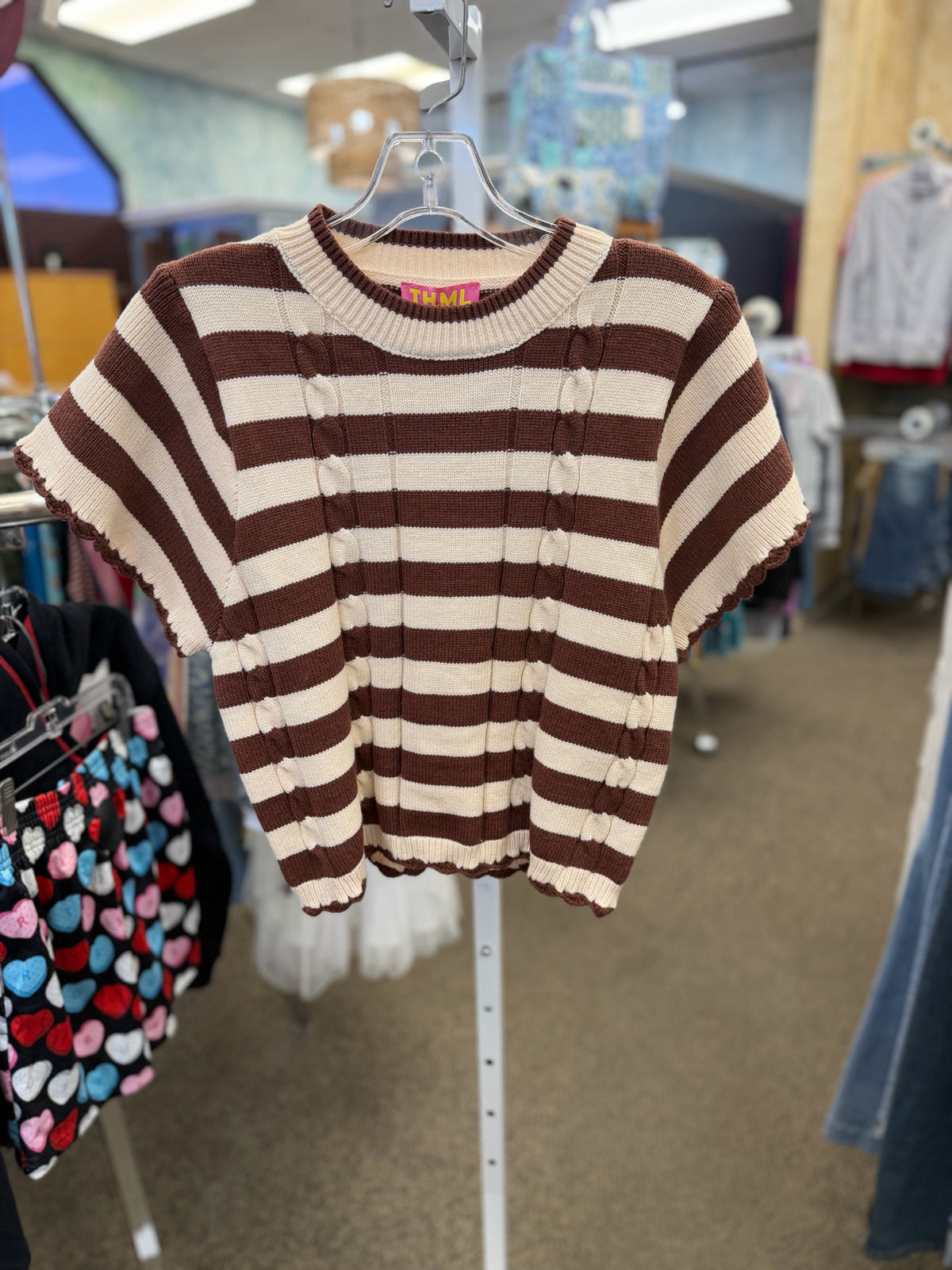 New with Tag THML Cream Brown Stripe Size XS Short Sleeve Sweater