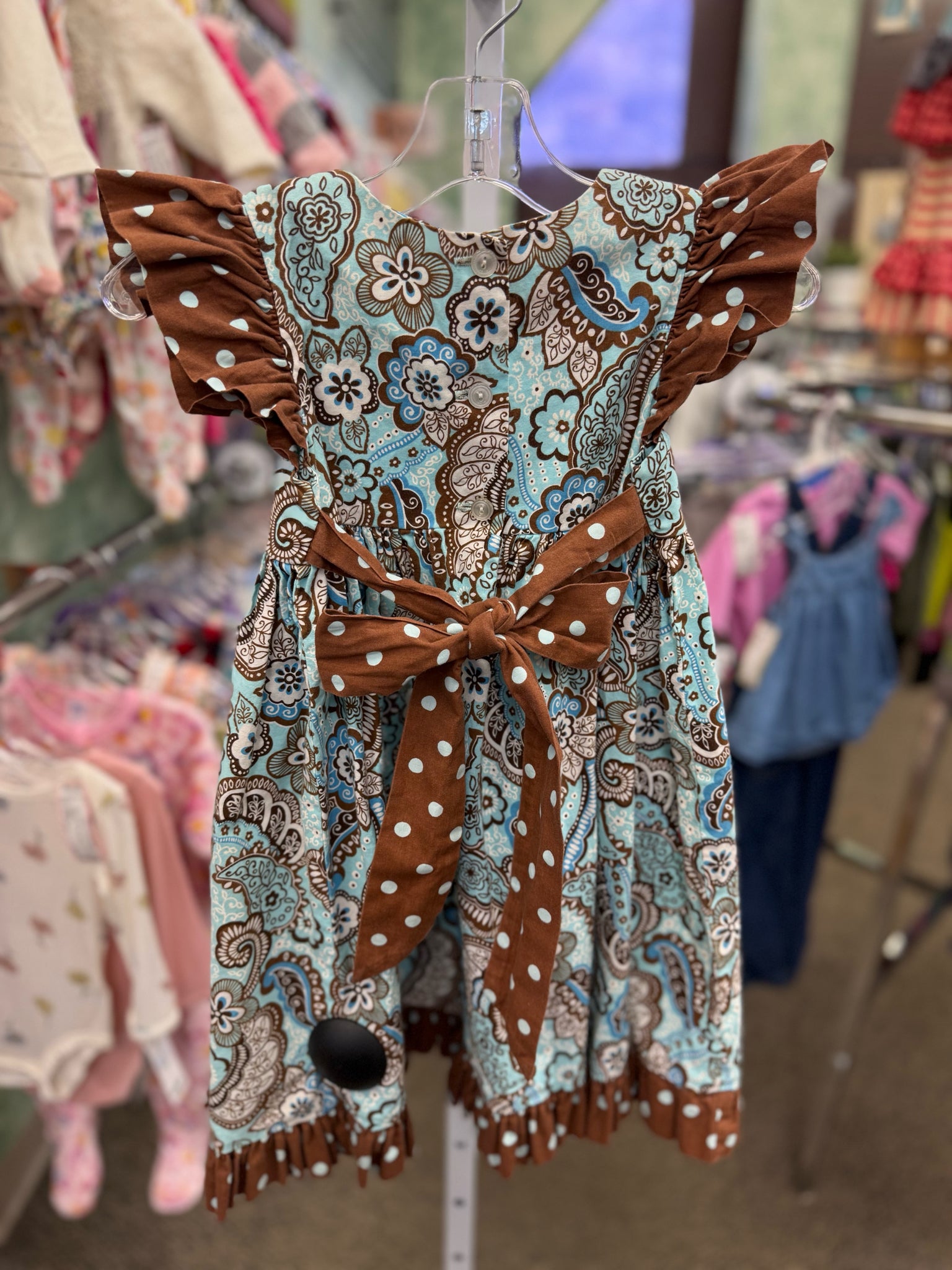 Pre-owned KRACKER JACK Teal floral Brown GIRLS SZ: 4 Short Sleeve Girls Dress