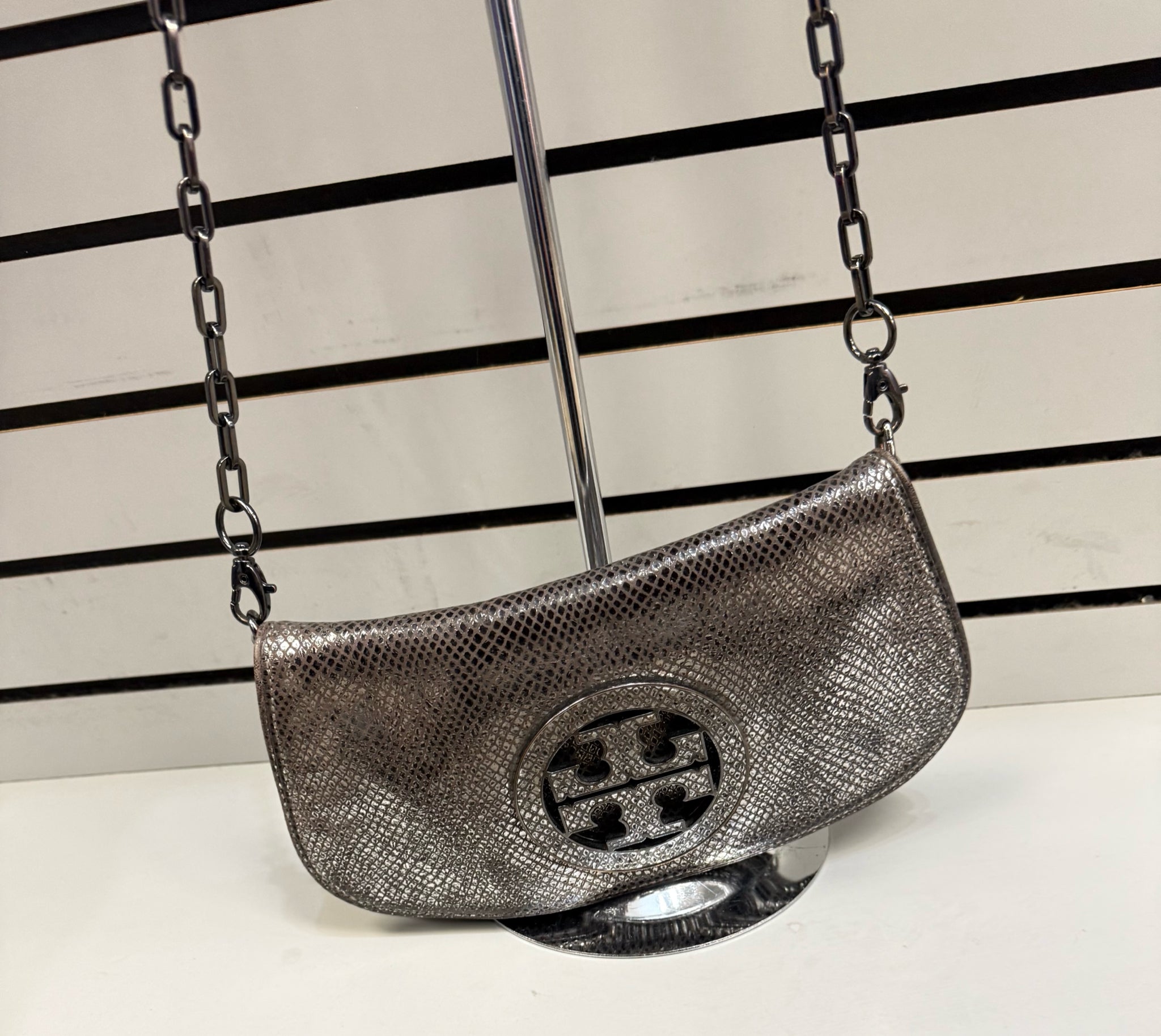 Pre-owned TORY BURCH Gray Signature METALLIC Shoulder Designer Purse