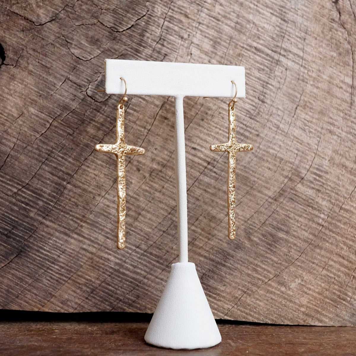 Primitive Cross Earrings Dangle Drop Gold Silver: Worn Gold Tone