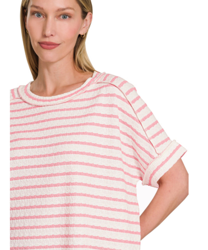 New Zenana Pink stripe White Size M/L Short Sleeve Blouse