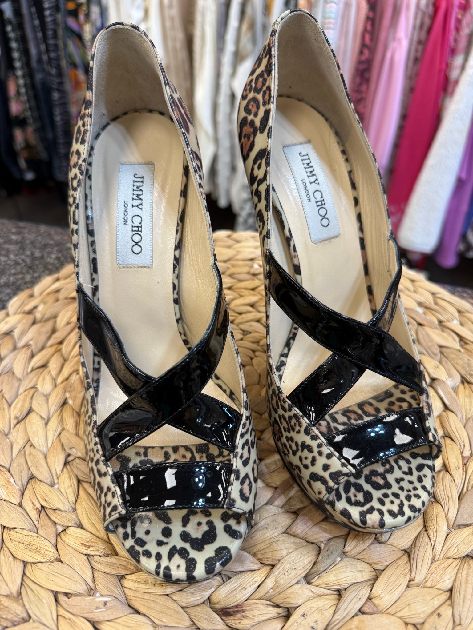 Pre-owned JIMMY CHOO Leopard Black Patent Size 9.5 Designer Heel