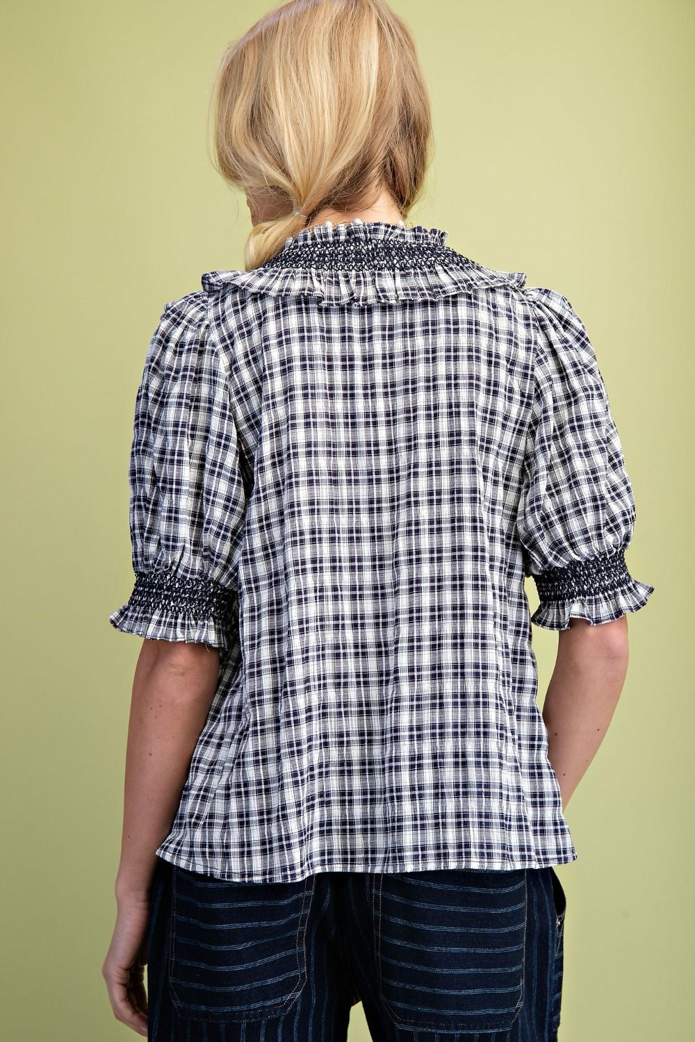 New EASEL Navy plaid White Size: S Short Sleeve Blouse