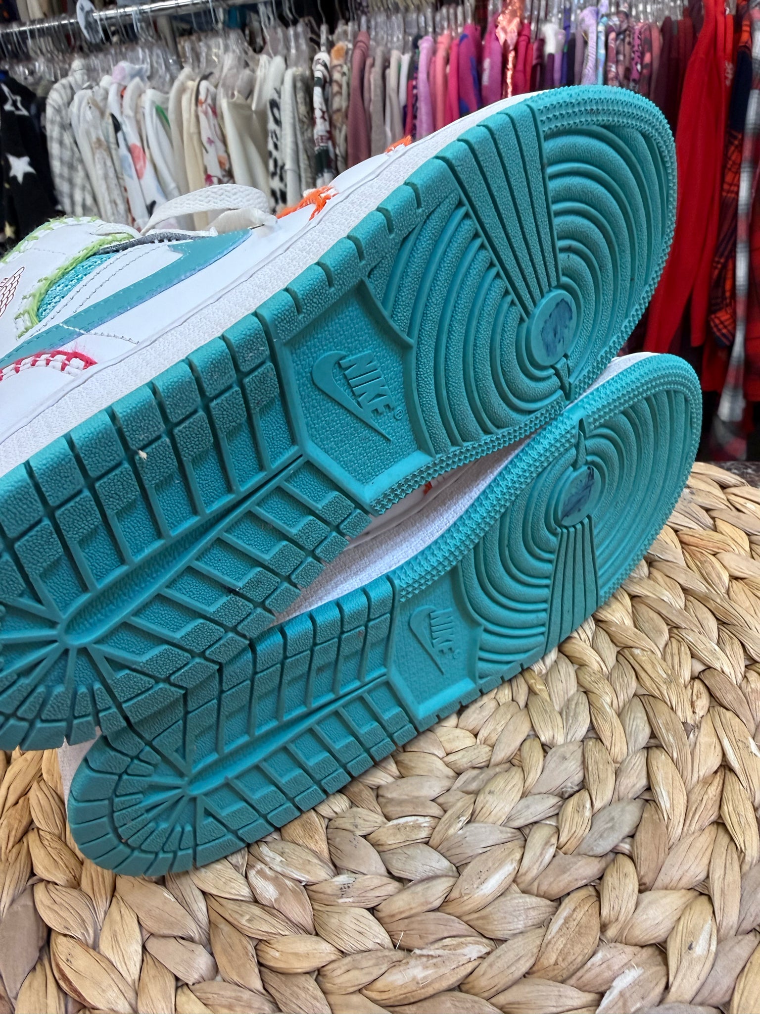 Pre-owned AIR JORDAN White Turquoise Shoe Size 4.5 GIRLS Designer Sneaker