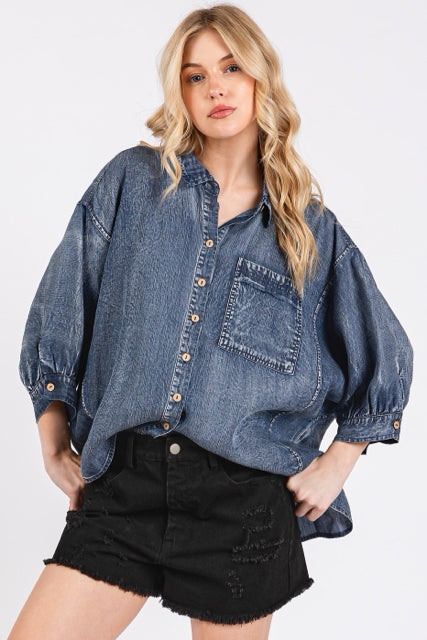 New MITTOSHOP Dark Denim Size S Short Sleeve Blouse