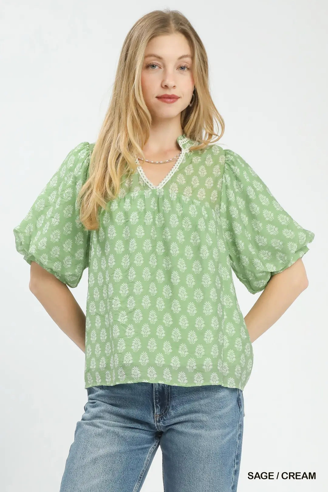 New UMGEE Light green print White Size S Short Sleeve Blouse