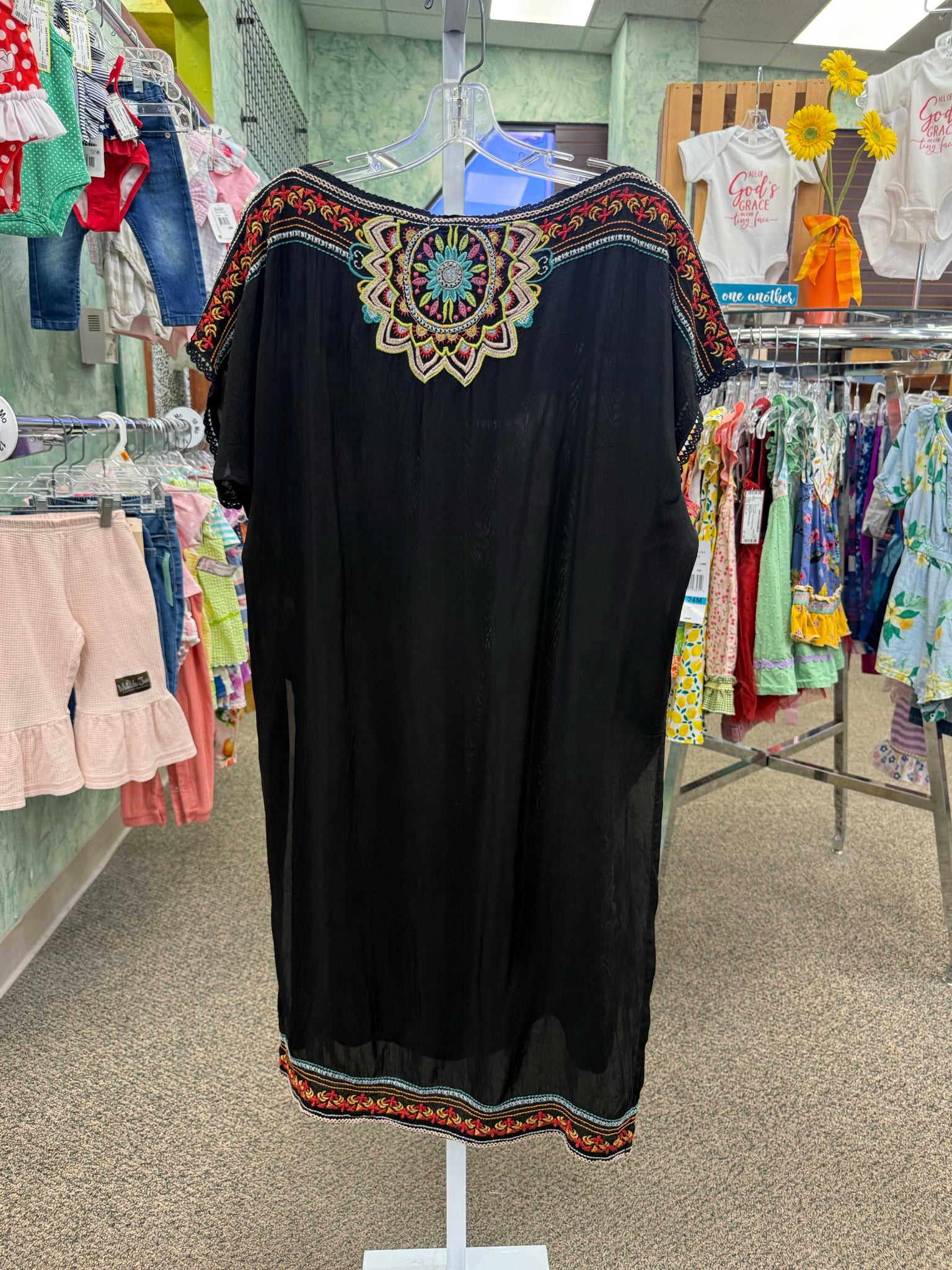 Pre-owned JOHNNY WAS Black Multi Floral Size 10 Short Sleeve Designer Dress