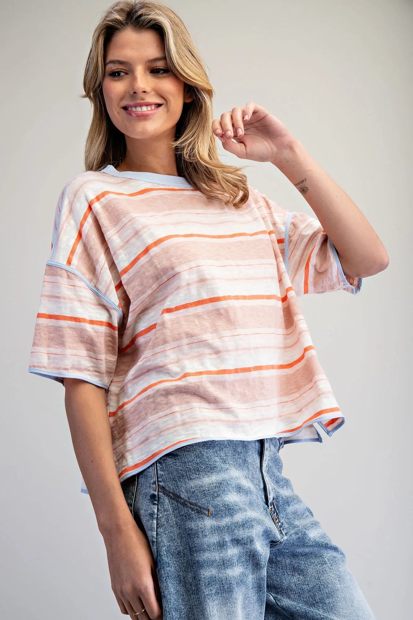 New EE:SOME Orange stripe Light Blue Trim Size S Short Sleeve Tee