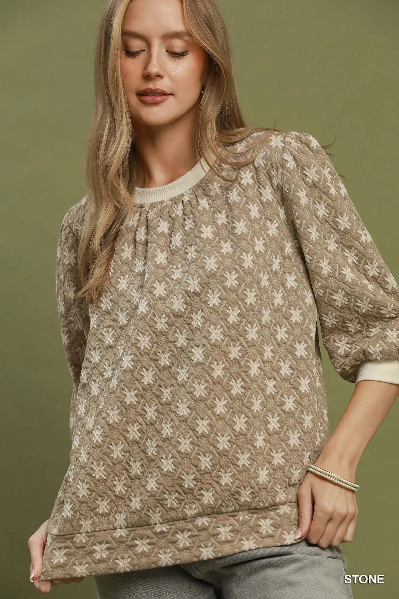 New UMGEE Stone Tan Print Size: S Quarter Sleeve Blouse