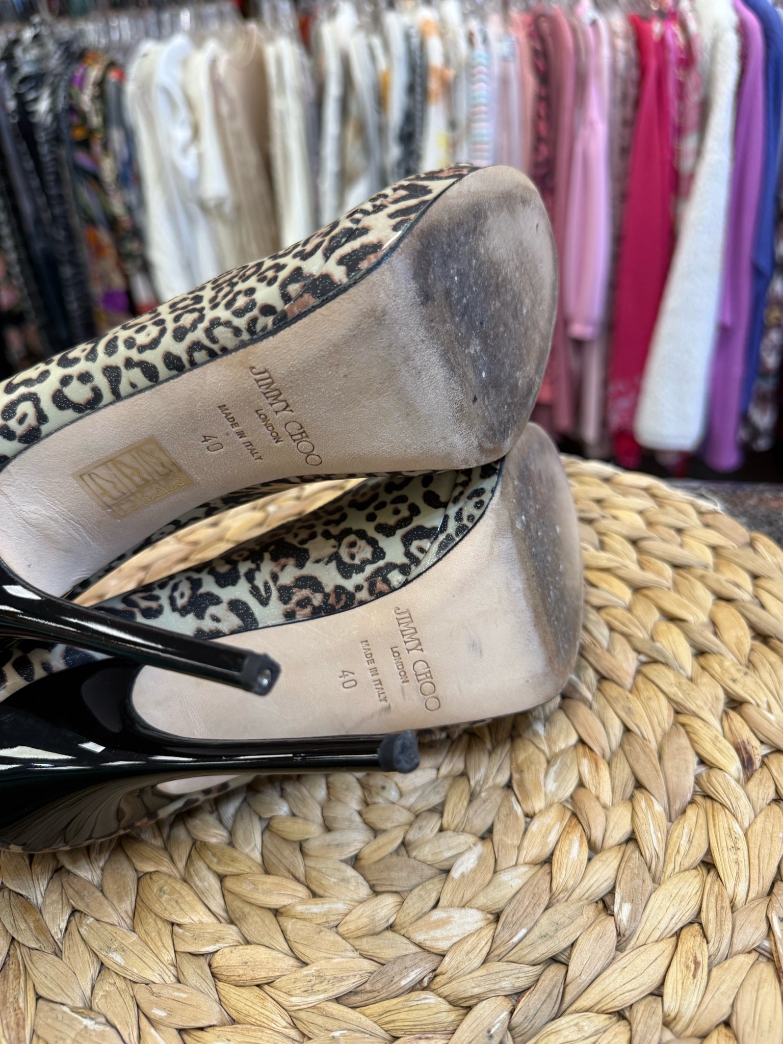 Pre-owned JIMMY CHOO Leopard Black Patent Size 9.5 Designer Heel