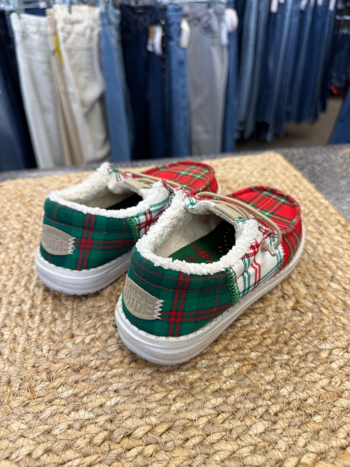 Pre-owned HEY DUDE Red plaid Green Plaid Shoe Size 11 Girls Shoe