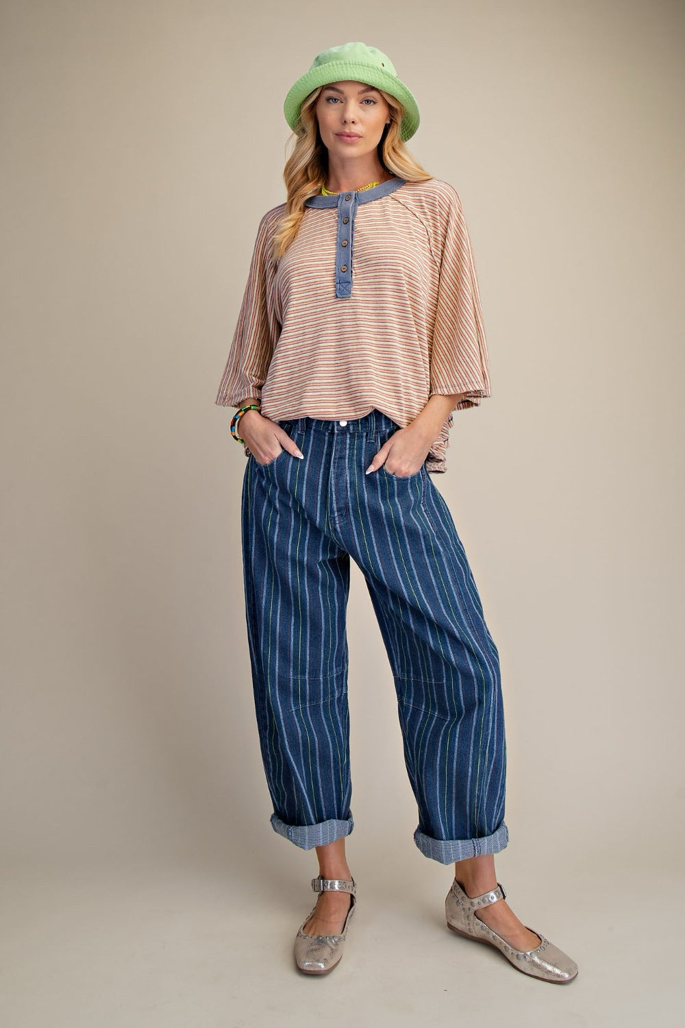 New EASEL Coral stripe Blue Trim Size S Quarter Sleeve Blouse