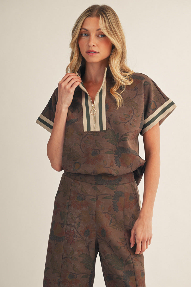New JODIFL Brown floral Cream Trim Dr Size S Short Sleeve PantSet