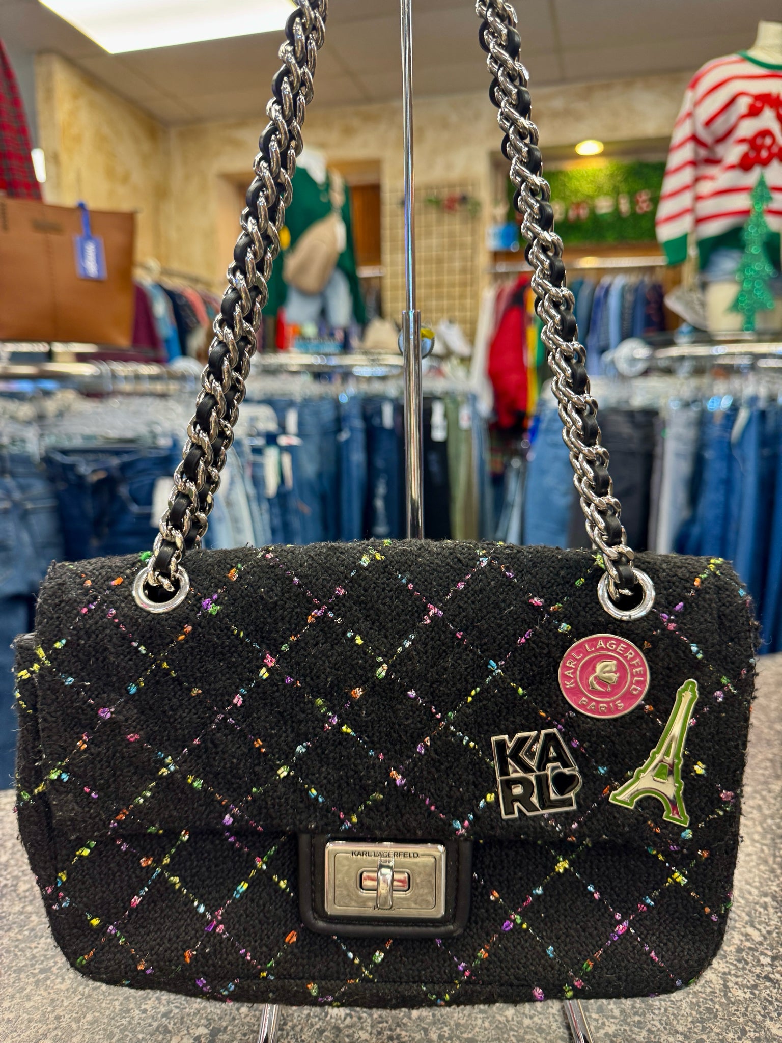 Pre-owned KARL LAGERFELD Black Multi Color Shoulder Designer Purse