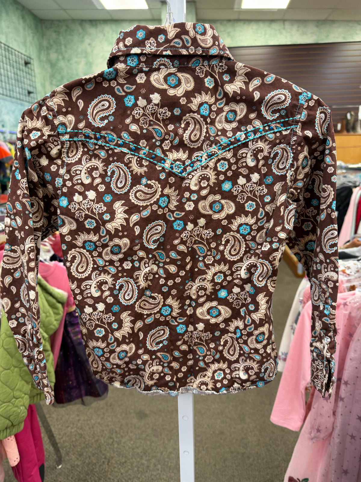 Pre-owned Cowgirl Dark brown Teal trim Size 5 Long Sleeve Girls Top