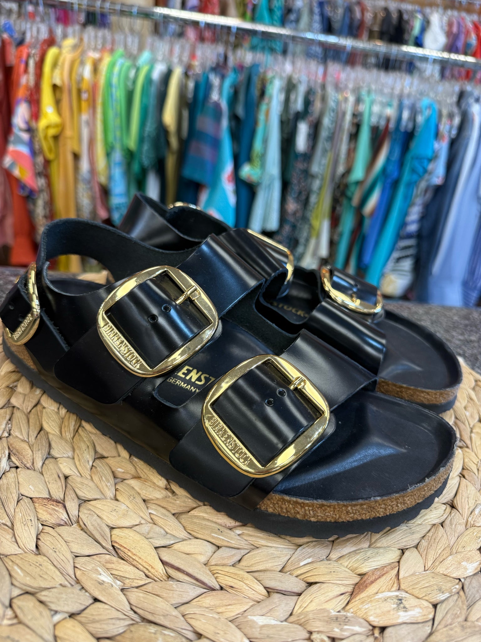 Pre-owned BIRKENSTOCK Black Gold Trim Size 10 Designer Sandal