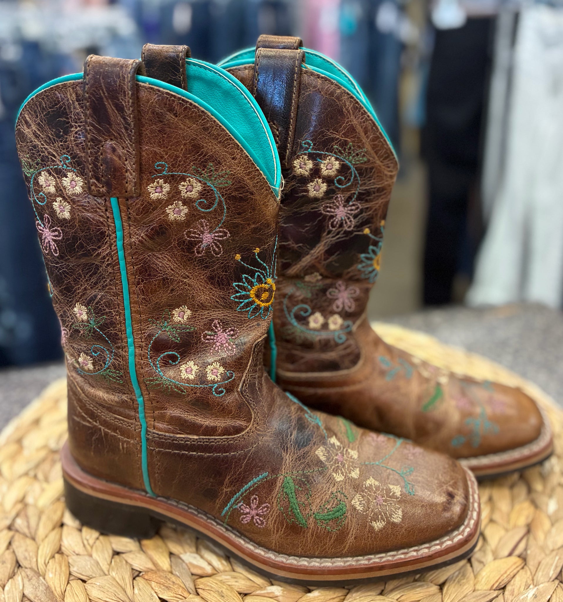 Pre-owned Smoky Mountain Brown Teal Print Shoe Size 13 Girls Boot