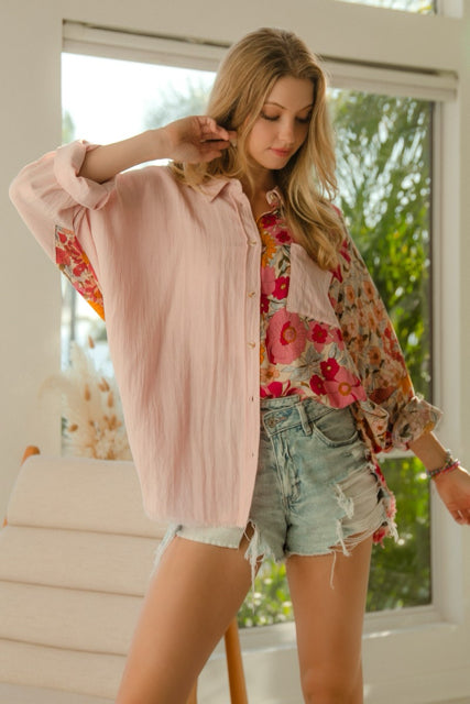 New BIBI Light pink dark pink floral Size S Long Sleeve Blouse