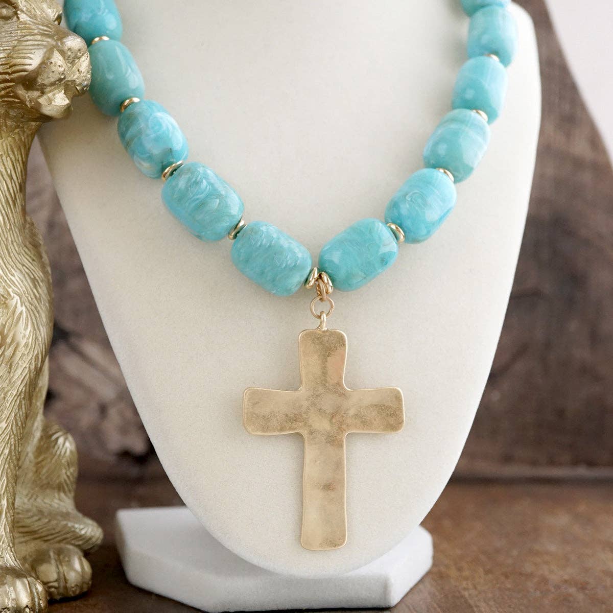 Chunky Statement Necklace – Acrylic Beads Gold Cross Necklace: Seaglow Amber