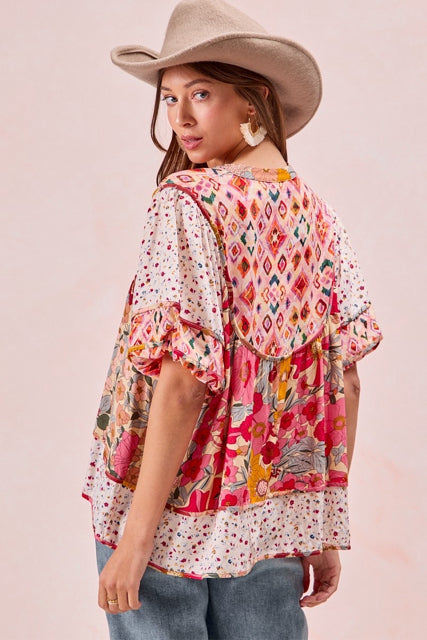 New BIBI Pink print Size S Short Sleeve Blouse