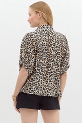 New ENTRO Leopard Green Trim Size S Short Sleeve Blouse