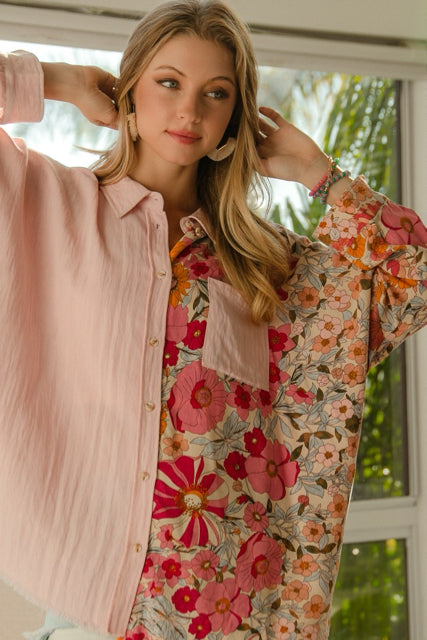 New BIBI Light pink dark pink floral Size S Long Sleeve Blouse