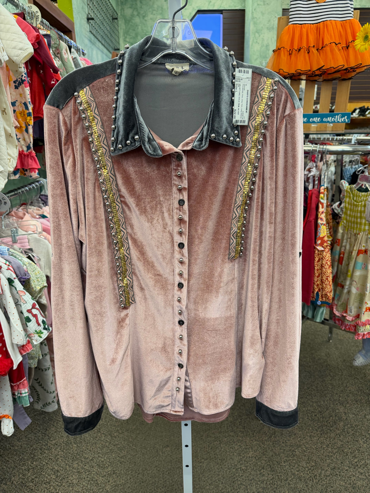 Pre-owned POL Pink Gray Trim Size: L Long Sleeve Blouse