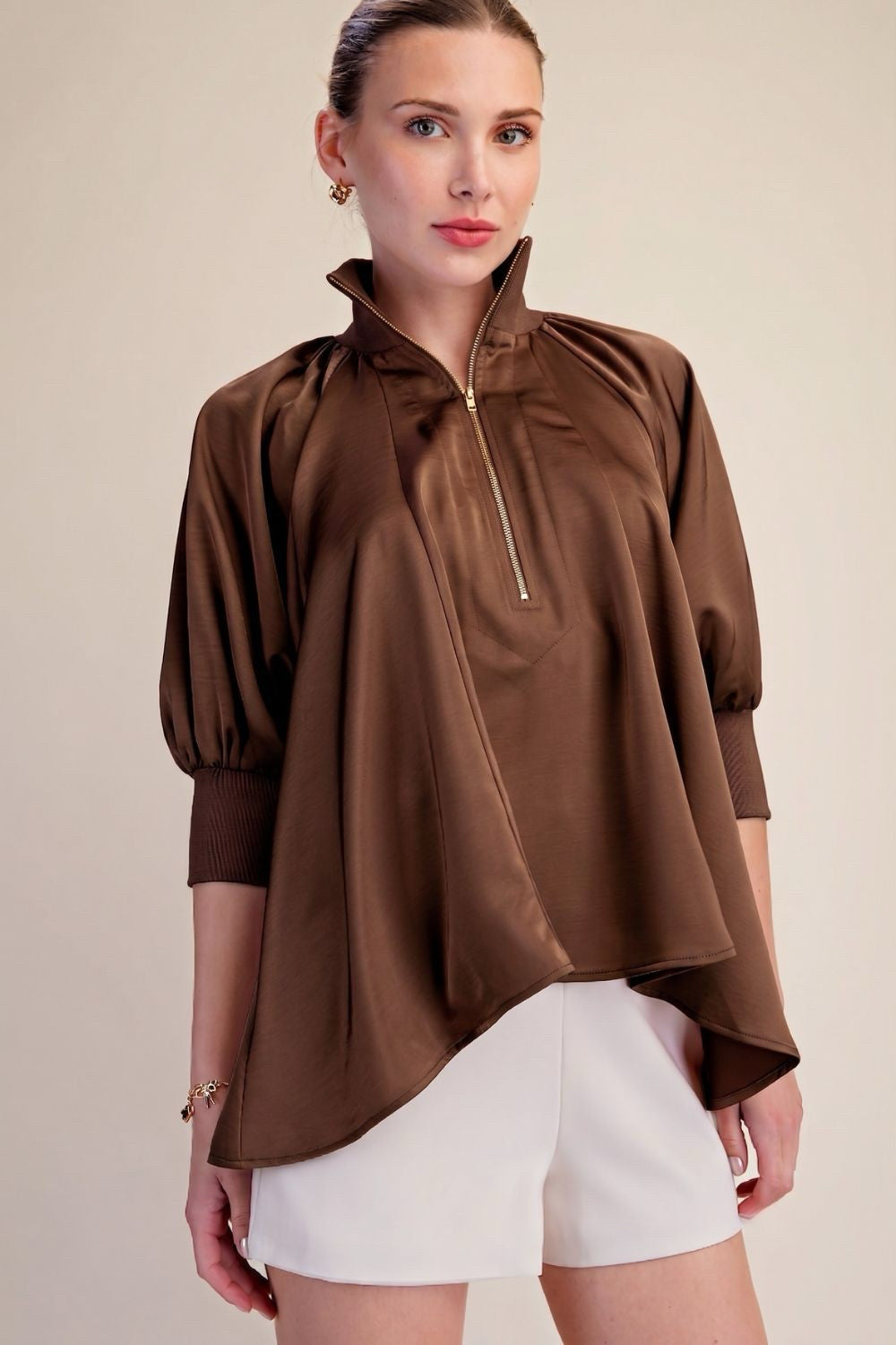 New GLAM Brown Size: S Quarter Sleeve Blouse