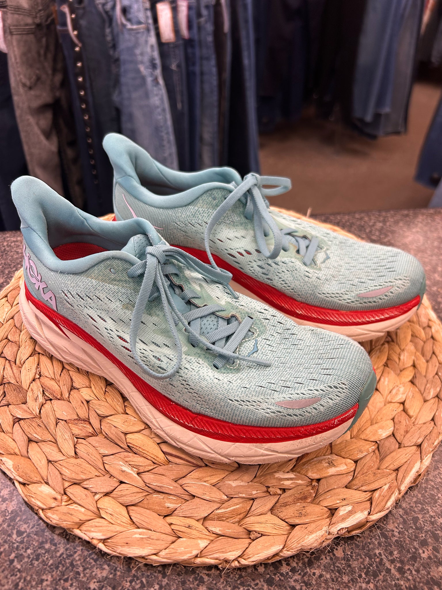 Pre-owned HOKA Aqua Red Trim Size 7 Designer Sneaker