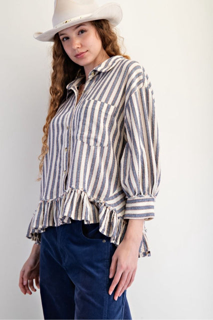 New EASEL Denim Cream Stripe Size S Quarter Sleeve Blouse