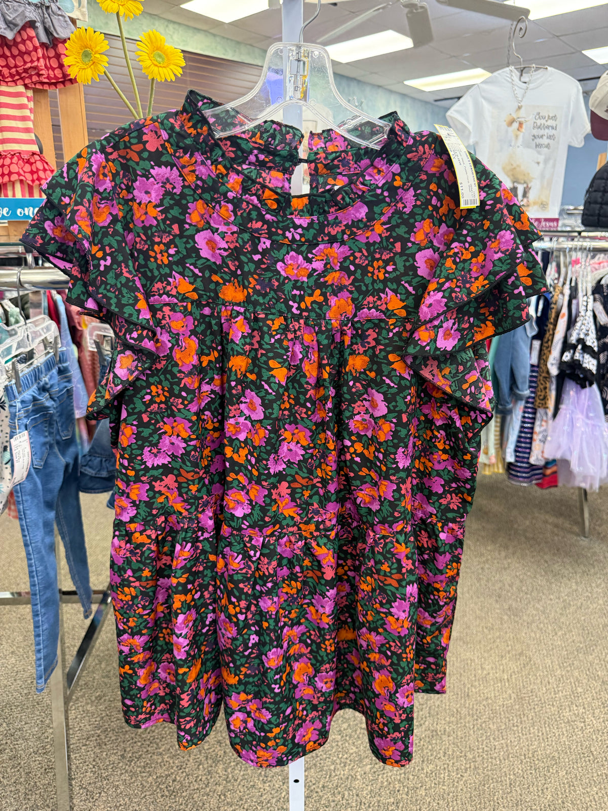 Pre-owned CHICSOUL Black Purple Floral Size: 1X Short Sleeve Blouse