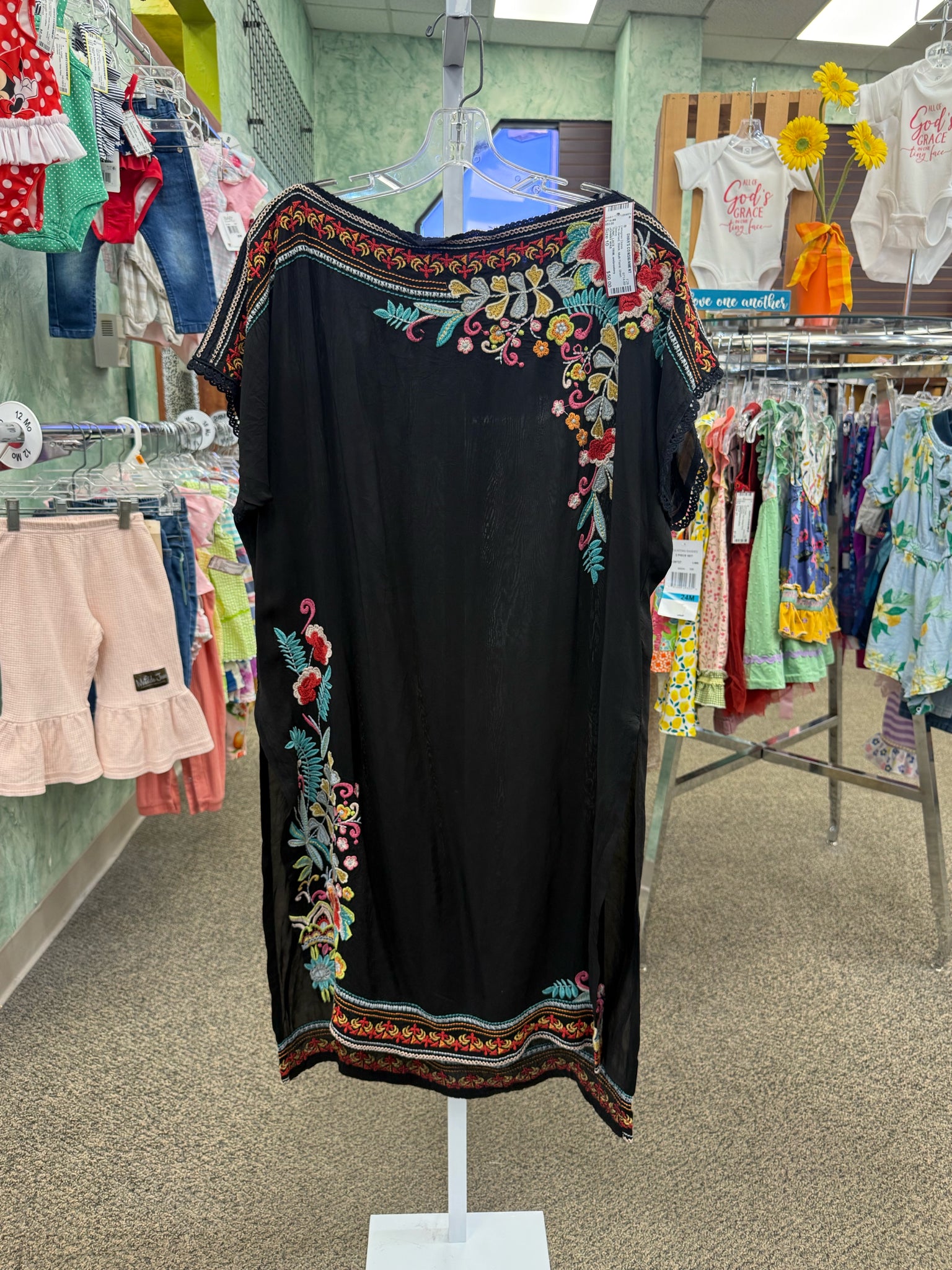 Pre-owned JOHNNY WAS Black Multi Floral Size 10 Short Sleeve Designer Dress