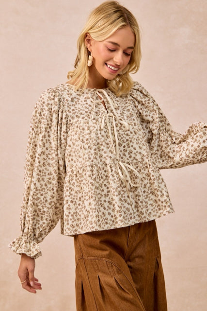 New BIBI Brown floral Cream Size S Long Sleeve Blouse