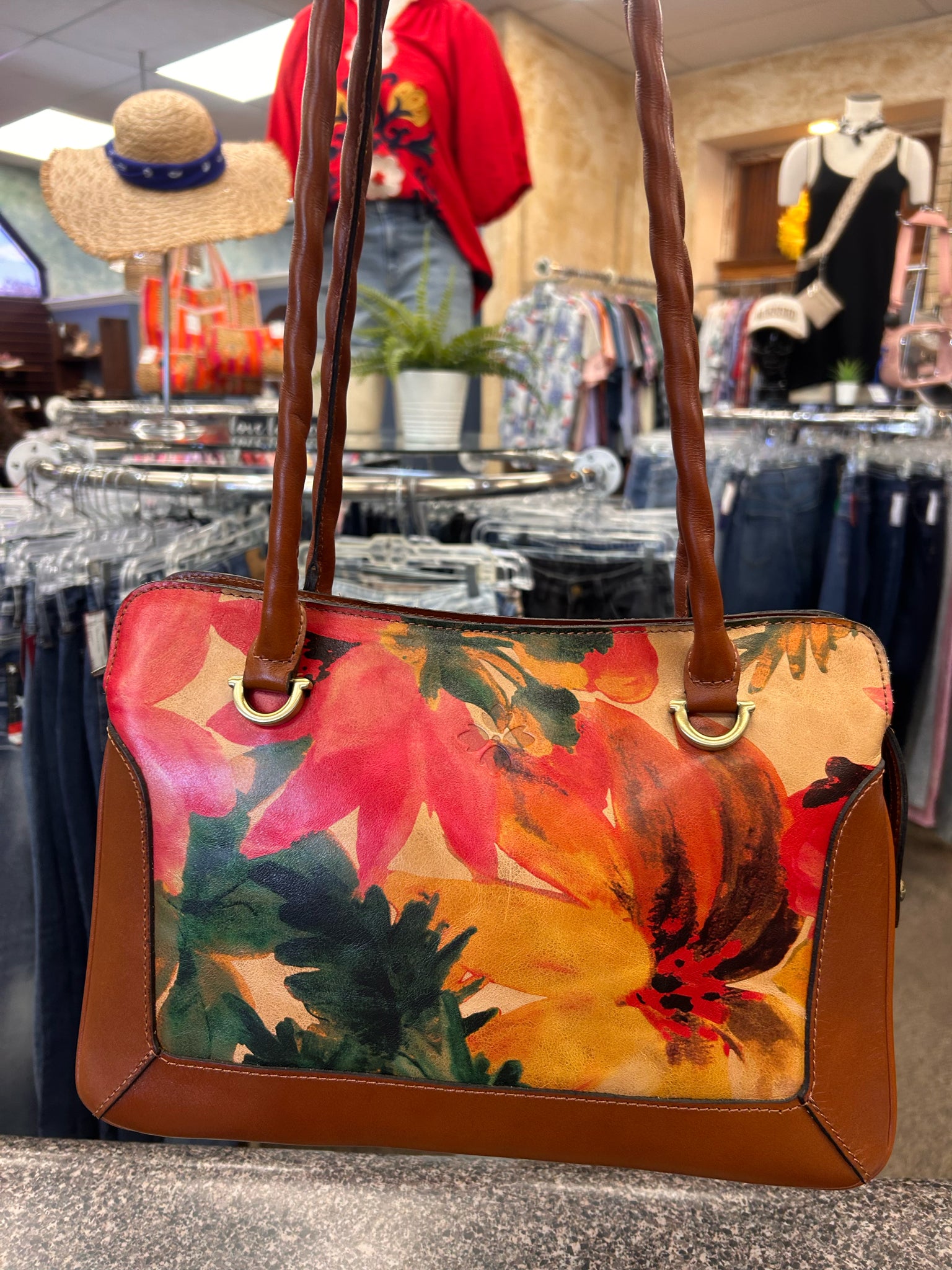 Pre-owned PATRICIA NASH Multi Floral Brown Trim Shoulder Designer Purse