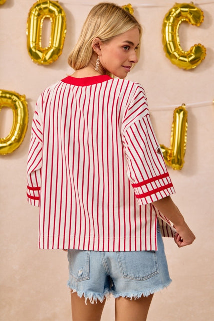 New BIBI Red White Stripe Size S Short Sleeve Blouse