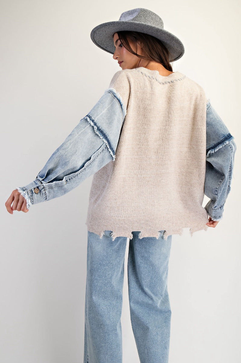 New EASEL Tan Denim Size S Long Sleeve Sweater