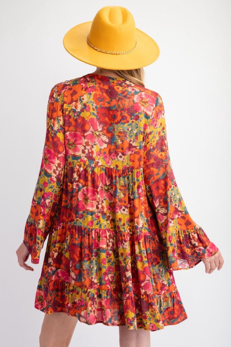 New EASEL Burnt orange Navy Floral Size M/L Long Sleeve Dress